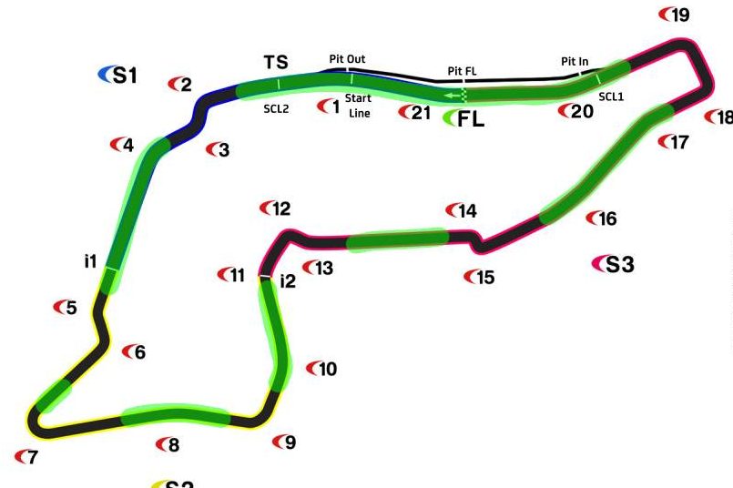2024年 決勝中
ウェット路面状況下でのオンボード映像を参考に190km/h以上で走行する区間を緑色に塗った図